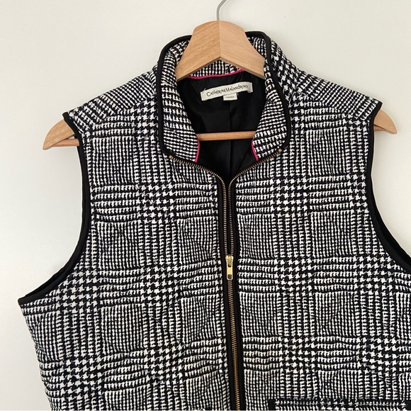 CATHERINE MALANDRINO BLACK/WHITE MONOCROME PLAID QUILTED VEST WITH GOLD DETAILS - Picture 6 of 13
